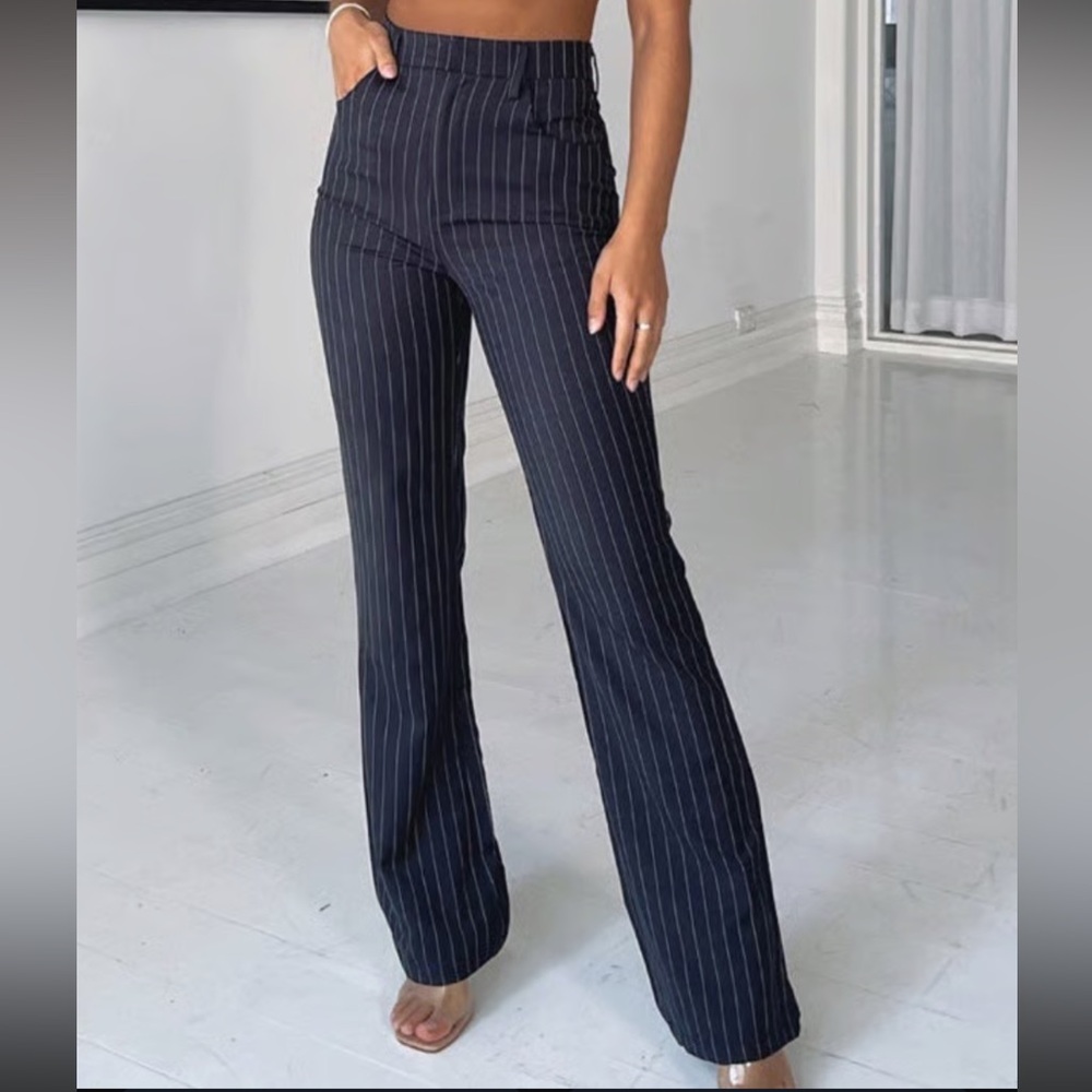 White Fox Boutique Dark blue Pinstripe Flare Pants, white lines, office pants